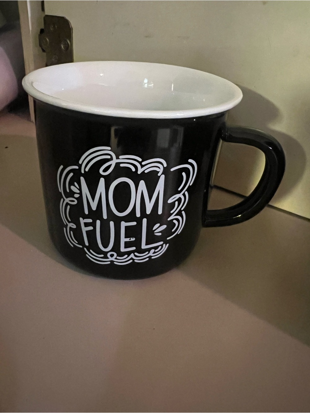 Black 'Mom Fuel' Ceramic Coffee Mug with White Interior